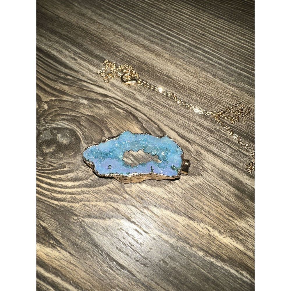 1pc Pendant Necklace Agate Quartz Geode Slice Amethyst Inlaid Gold Plated. New. - Picture 5 of 10